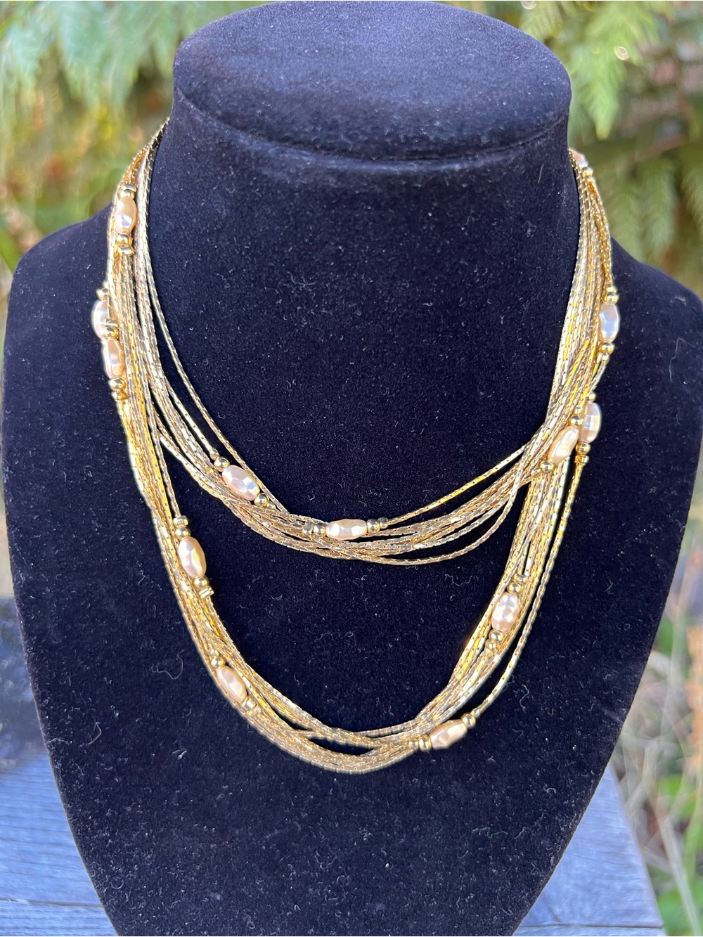 Gold Multi-Strand Beaded Necklace with Champagne Pearls - Women Jewelry